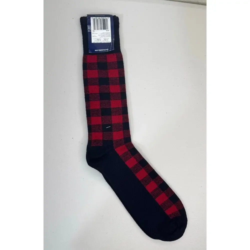 Polo Ralph Lauren Lambs Wool Blend Socks Red & Black Buffalo Plaid Check Print
